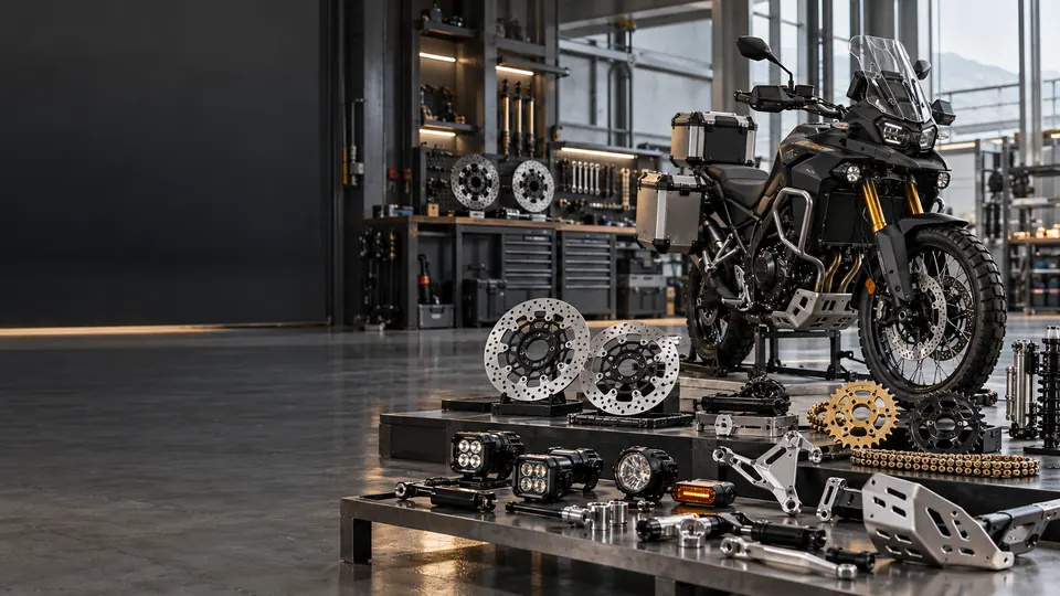 VANTORQ motorcycle components workshop with adventure motorcycle and engineered parts