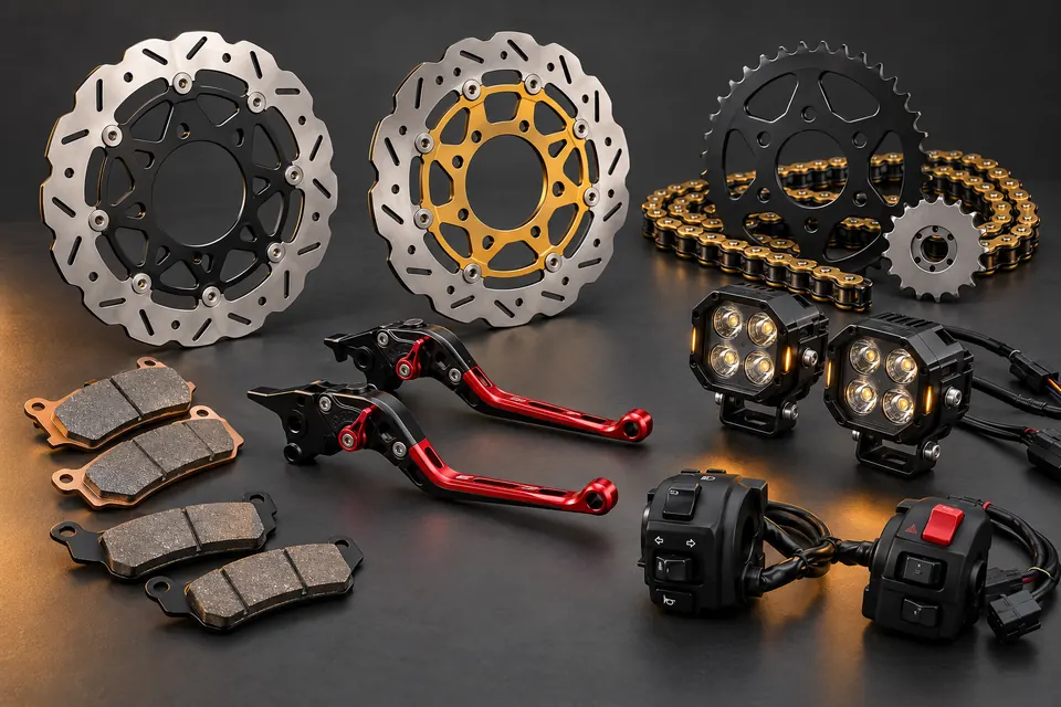 Motorcycle brake, chain, lighting and machined accessory product board
